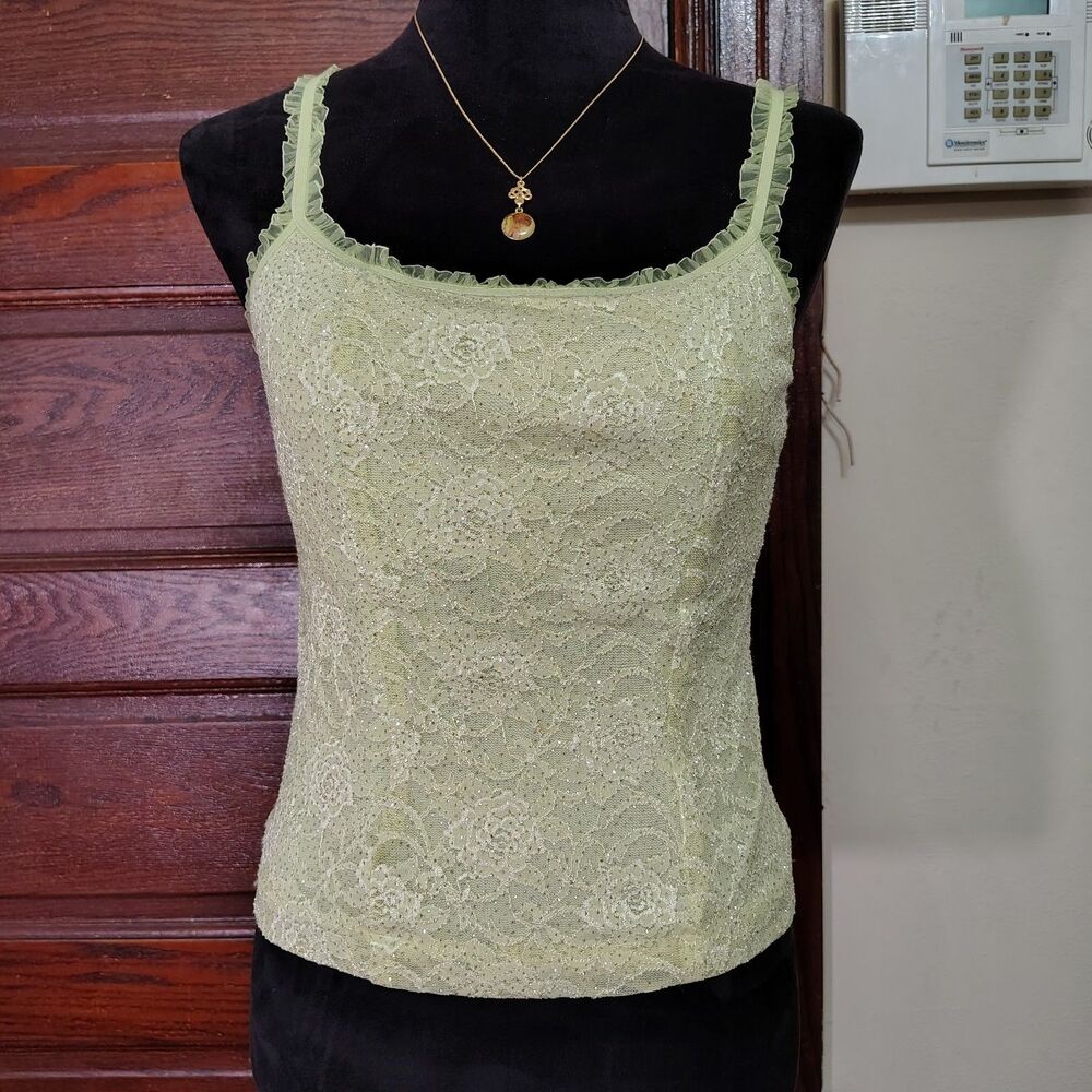Lace Floral Sparkly Ruffled Sheer Camisole Light Green Sz(S/M)/T638